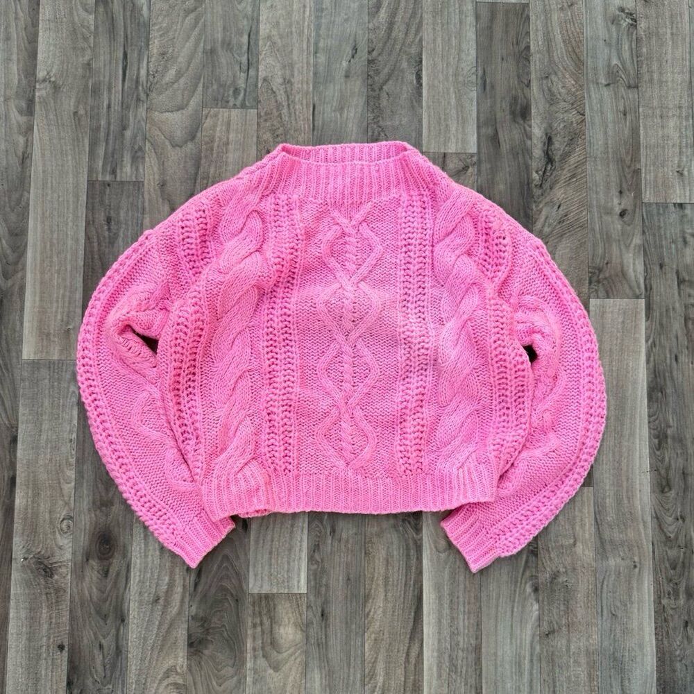 Hot pink cable knit mock neck sweater
